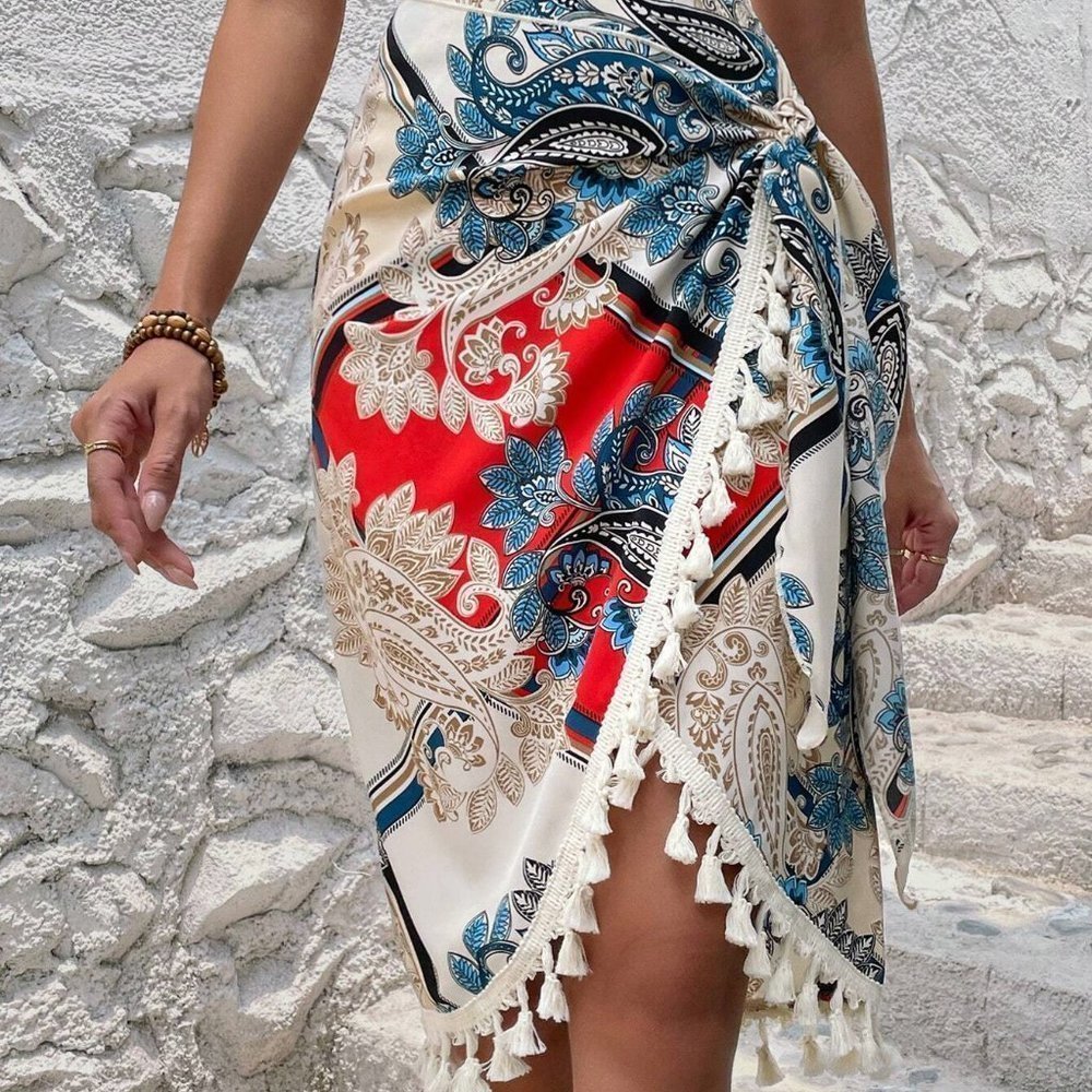 Boho Paisley Print Tassel Trim Wrap Knot Side Skirt - Picture 4 of 5
